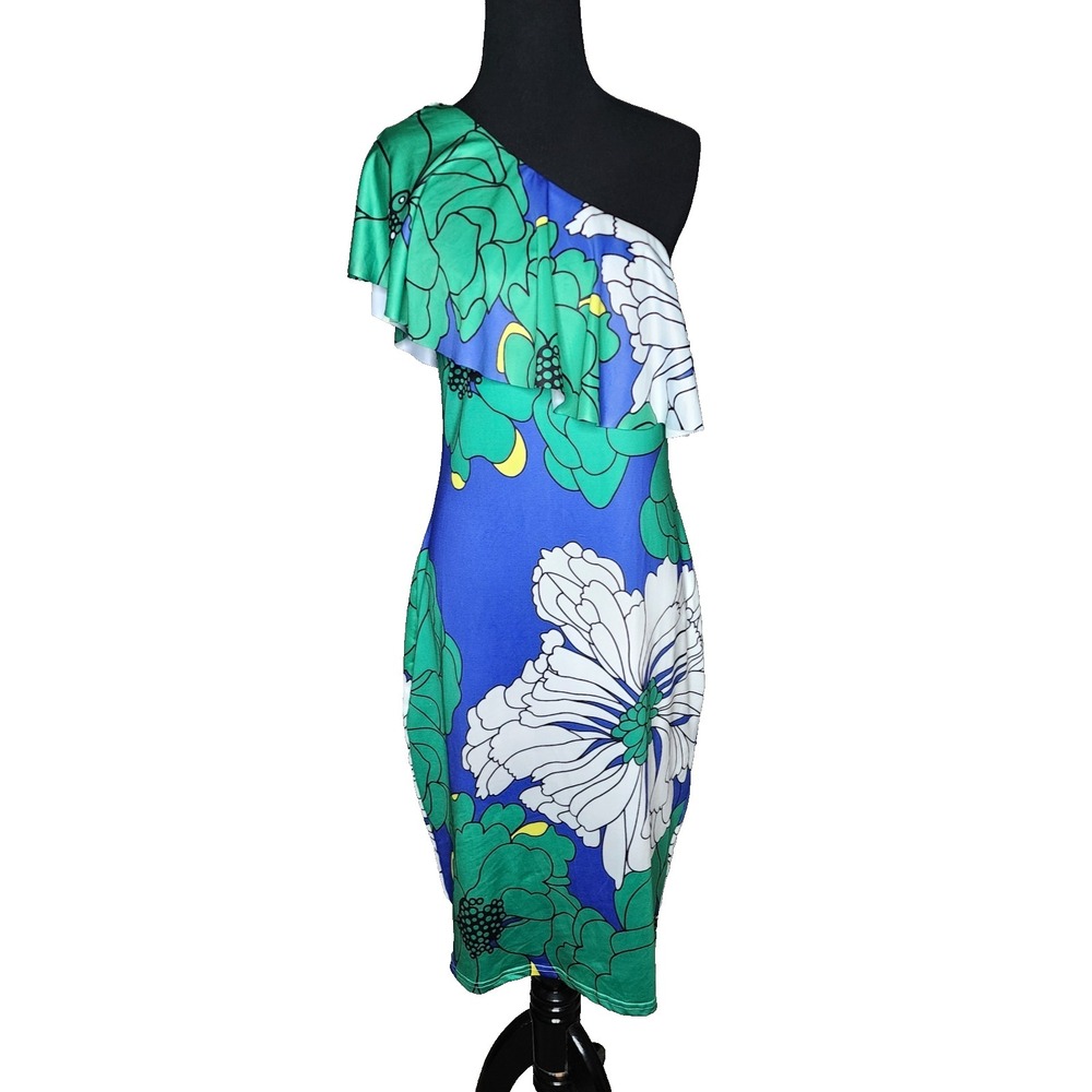 Ladies‎ Club Summer Green Floral Print Frill One Shoulder Midi Cotton Dress  L
